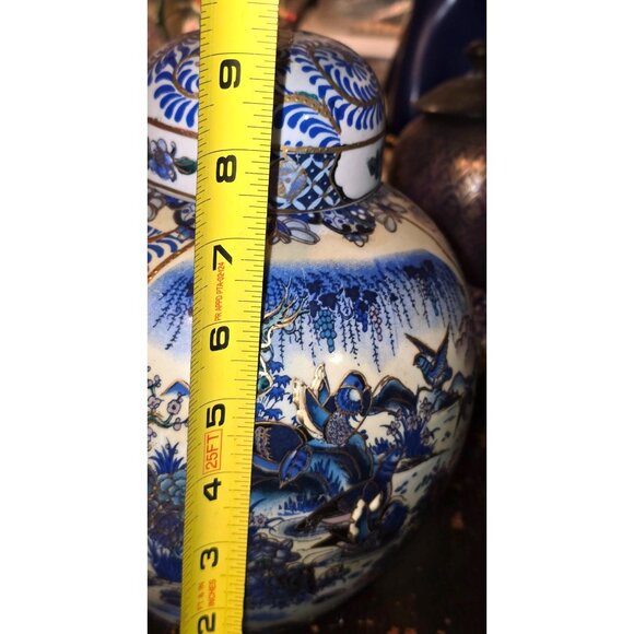 Vintage Ginger Jar Blue & White Porcelain Lid Hand-Painted Birds & Floral Motif - Picture 4 of 11
